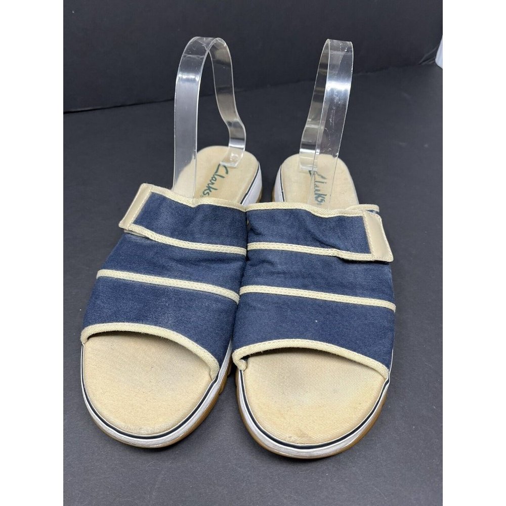 Clarks 36124 Navy Tan Canvas Hook & Loop‎ Slide On Comfort Womens Sandals Sz 11M - Picture 2 of 7
